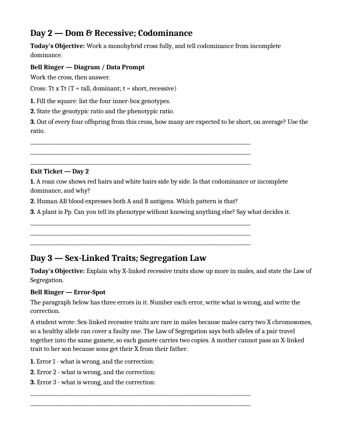 Mendelian Genetics & Inheritance Bell Ringers & Exit Tickets sample page