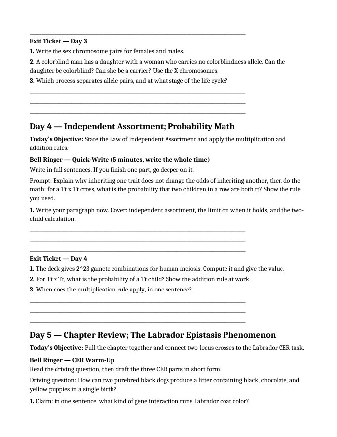 Mendelian Genetics & Inheritance Bell Ringers & Exit Tickets sample page