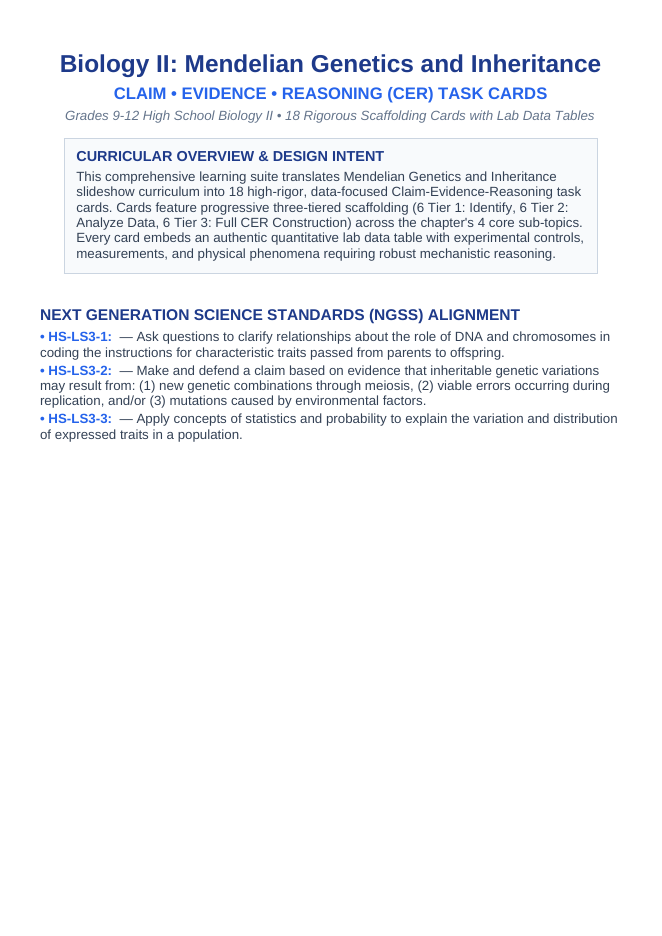 Mendelian Genetics & Inheritance CER Task Cards sample page