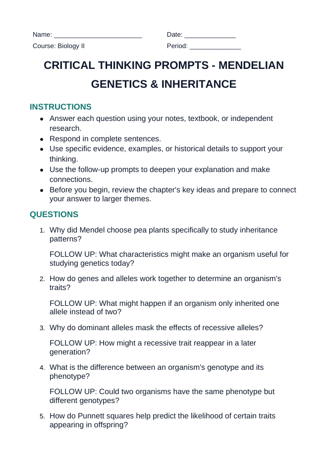 Mendelian Genetics & Inheritance Critical Thinking Prompts sample page