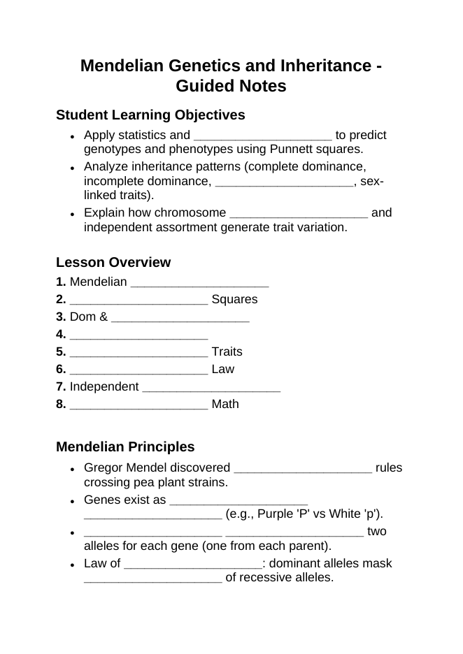 Mendelian Genetics & Inheritance Guided Notes sample page