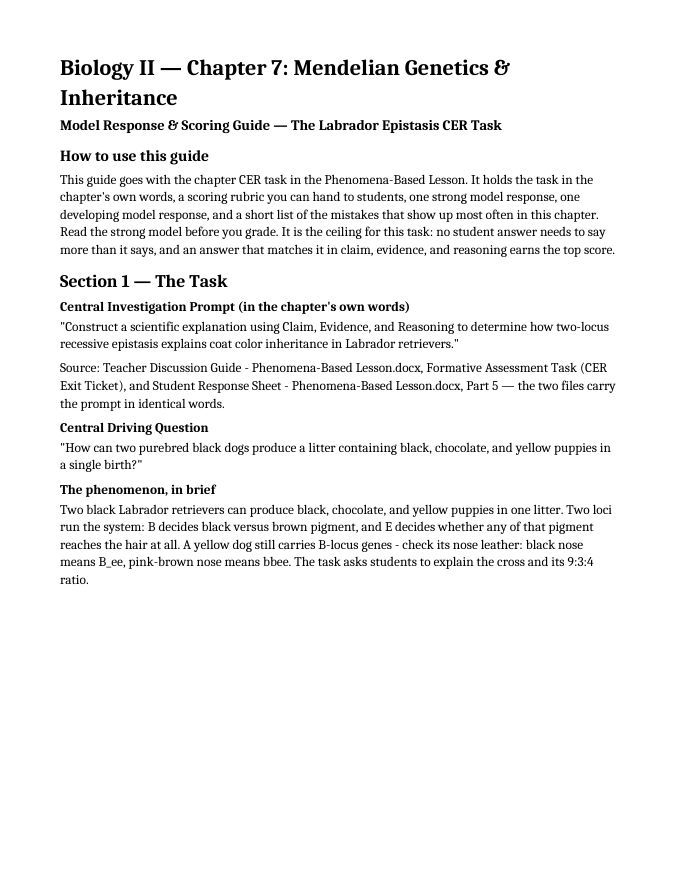 Mendelian Genetics & Inheritance Model Response & Scoring Guide sample page
