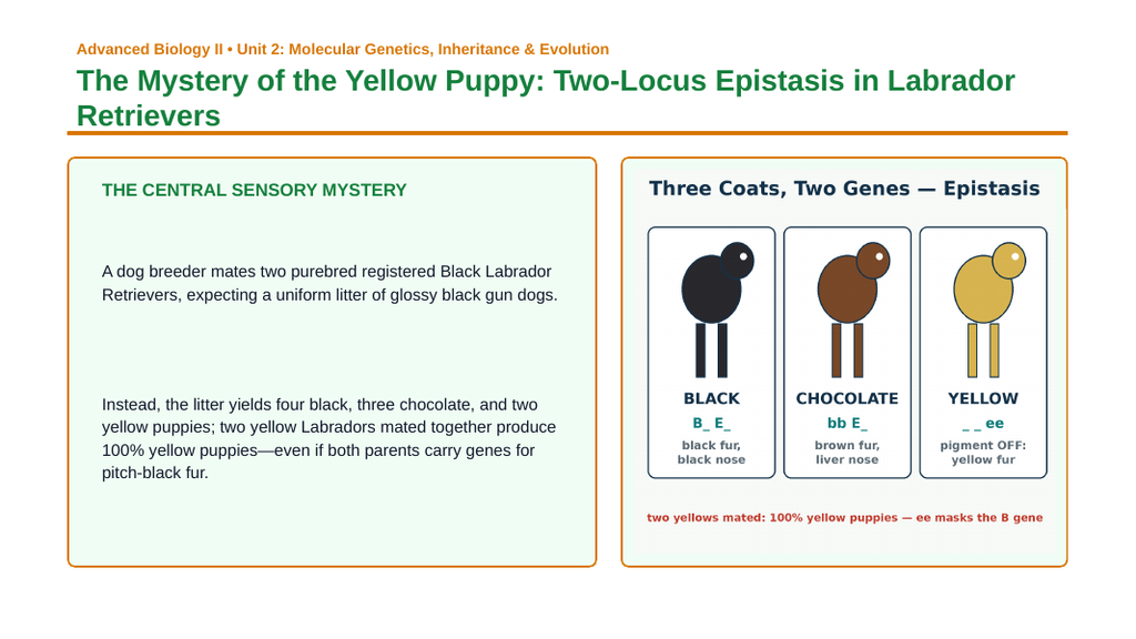 Mendelian Genetics & Inheritance Phenomena-Based Lesson: The Mystery of the Yellow Puppy: Two-Locus Epistasis in Labrador Retrievers Presentation sample page