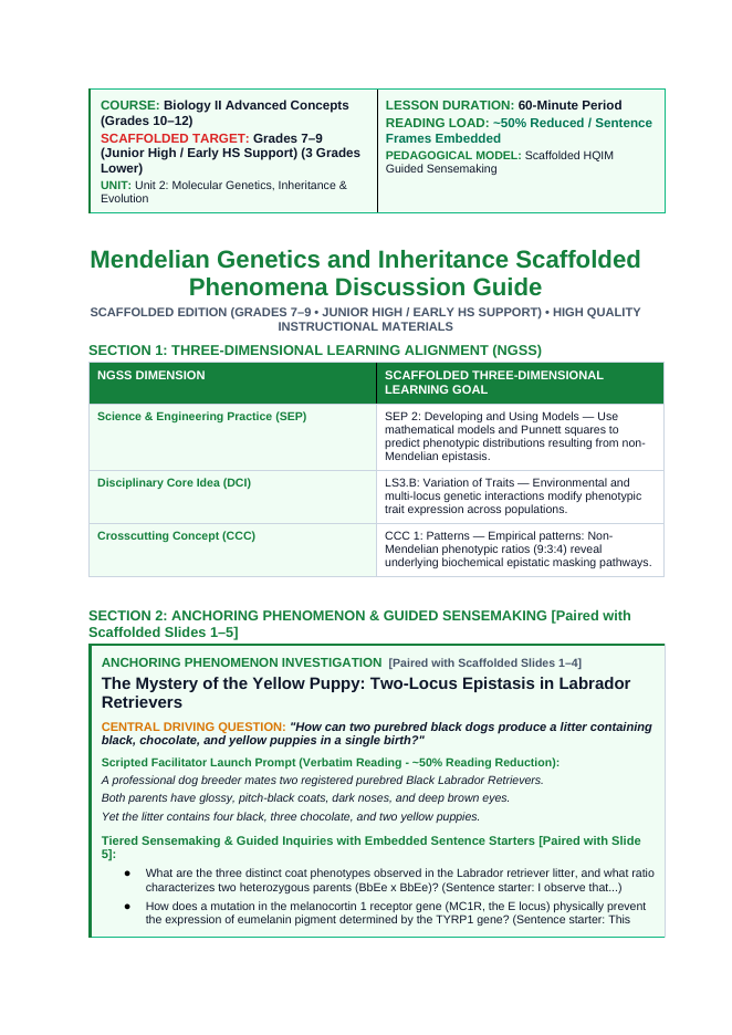Mendelian Genetics & Inheritance Scaffolded Phenomena-Based Lesson: The Mystery of the Yellow Puppy: Two-Locus Epistasis in Labrador Retrievers Teacher Discussion Guide sample page