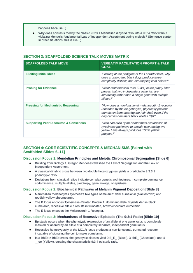 Mendelian Genetics & Inheritance Scaffolded Phenomena-Based Lesson: The Mystery of the Yellow Puppy: Two-Locus Epistasis in Labrador Retrievers Teacher Discussion Guide sample page