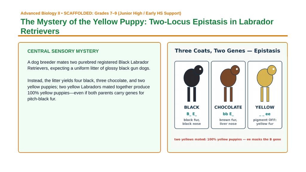 Mendelian Genetics & Inheritance Scaffolded Phenomena-Based Lesson: The Mystery of the Yellow Puppy: Two-Locus Epistasis in Labrador Retrievers Presentation sample page