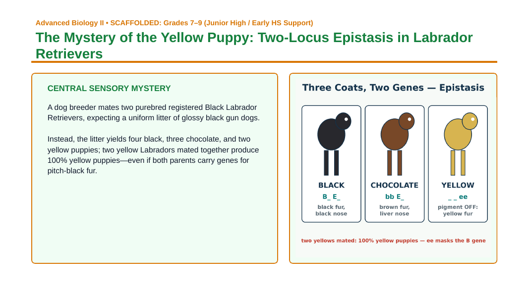 Mendelian Genetics & Inheritance Scaffolded Phenomena-Based Lesson: The Mystery of the Yellow Puppy: Two-Locus Epistasis in Labrador Retrievers Presentation sample page