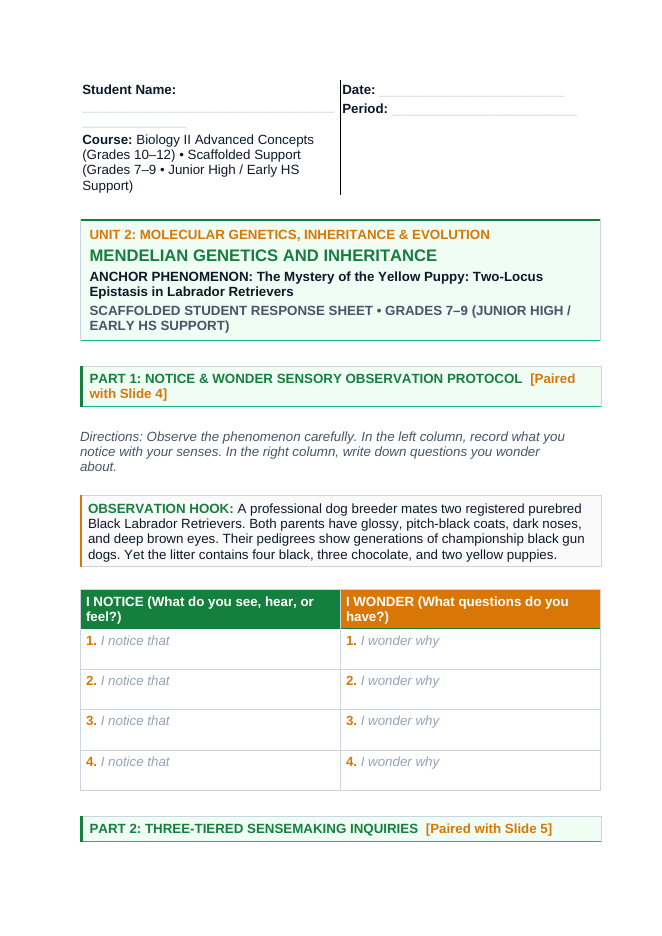 Mendelian Genetics & Inheritance Scaffolded Phenomena-Based Lesson: The Mystery of the Yellow Puppy: Two-Locus Epistasis in Labrador Retrievers Student Response Sheet sample page
