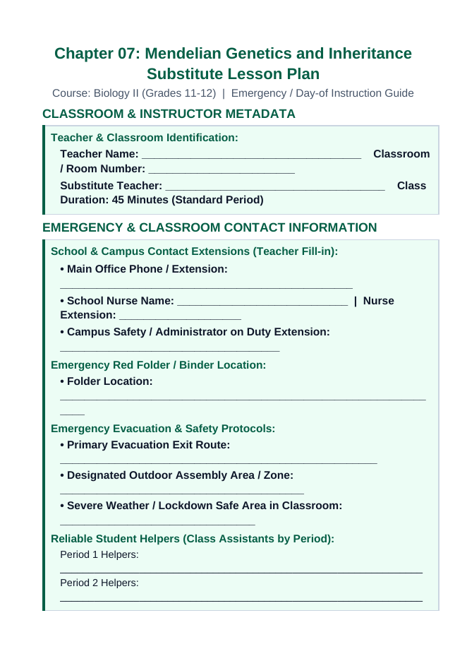 Mendelian Genetics & Inheritance Substitute Lesson Plan sample page