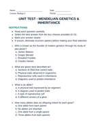 Mendelian Genetics & Inheritance Unit Test sample page