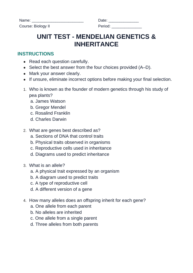 Mendelian Genetics & Inheritance Unit Test sample page