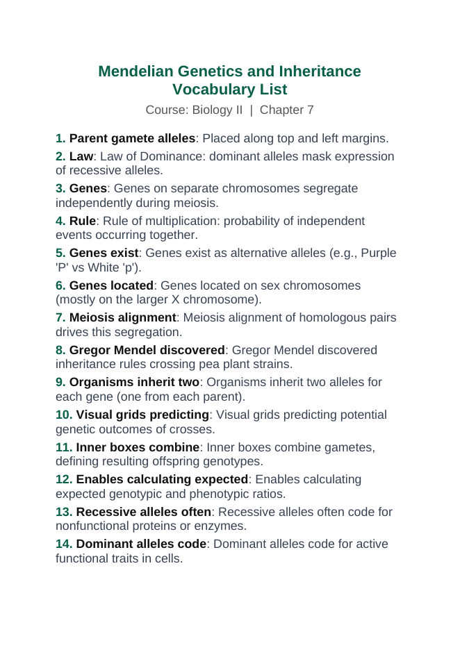 Mendelian Genetics & Inheritance Vocabulary Words & Definitions sample page