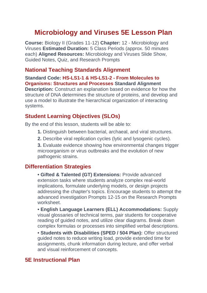 Microbiology & Viruses 5E Lesson Plan sample page