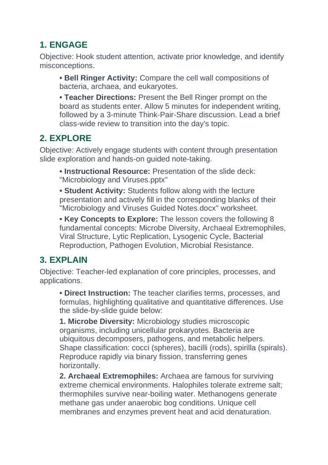 Microbiology & Viruses 5E Lesson Plan sample page