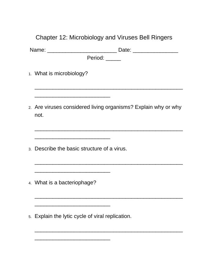 Microbiology & Viruses Bell Ringers & Exit Tickets sample page
