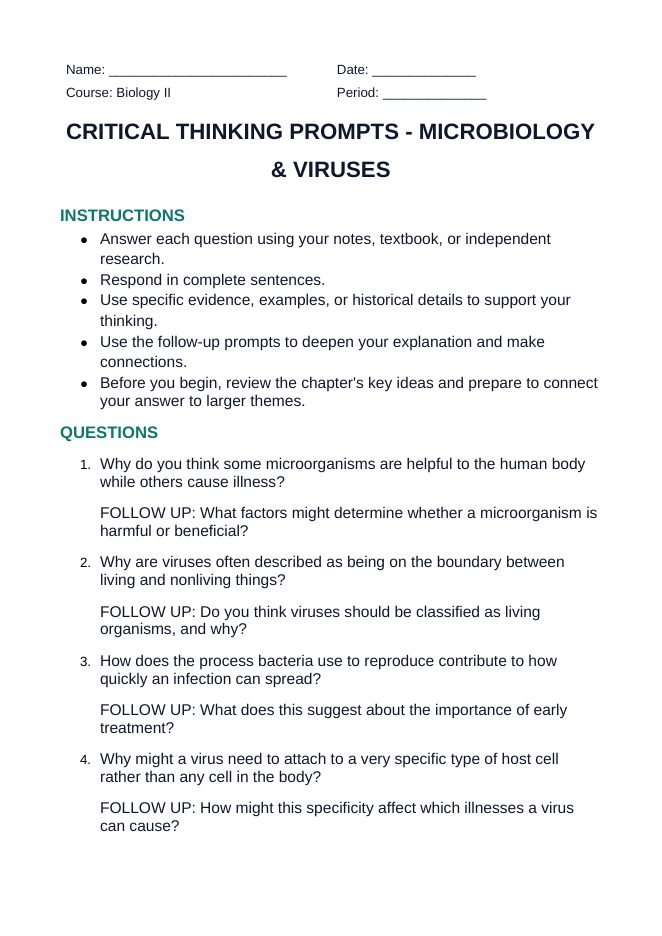 Microbiology & Viruses Critical Thinking Prompts sample page