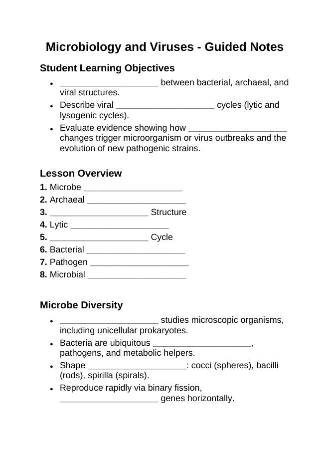 Microbiology & Viruses Guided Notes sample page