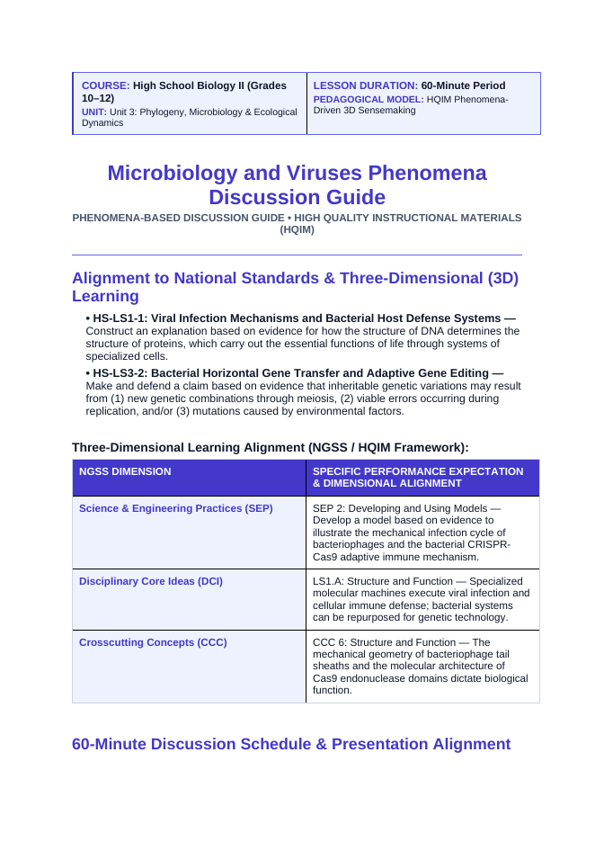 Microbiology & Viruses Phenomena-Based Lesson: The Microscopic Moon Lander and the Bacterial Memory: Phage T4 vs. CRISPR Teacher Discussion Guide sample page