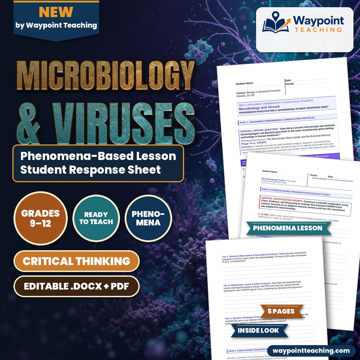 Microbiology & Viruses Phenomena-Based Lesson: The Microscopic Moon Lander and the Bacterial Memory: Phage T4 vs. CRISPR Student Response Sheet cover