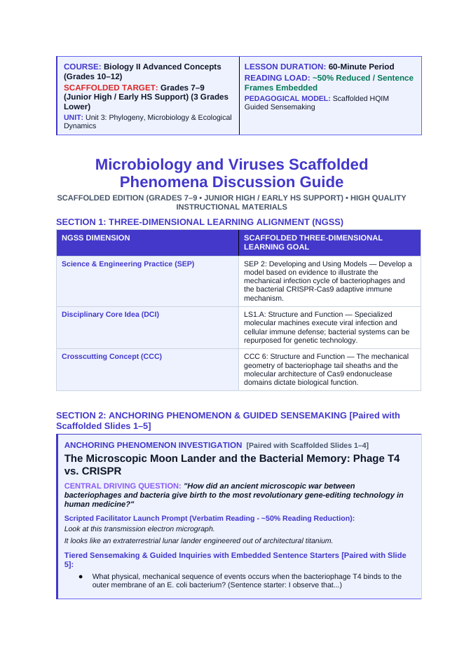 Microbiology & Viruses Scaffolded Phenomena-Based Lesson: The Microscopic Moon Lander and the Bacterial Memory: Phage T4 vs. CRISPR Teacher Discussion Guide sample page