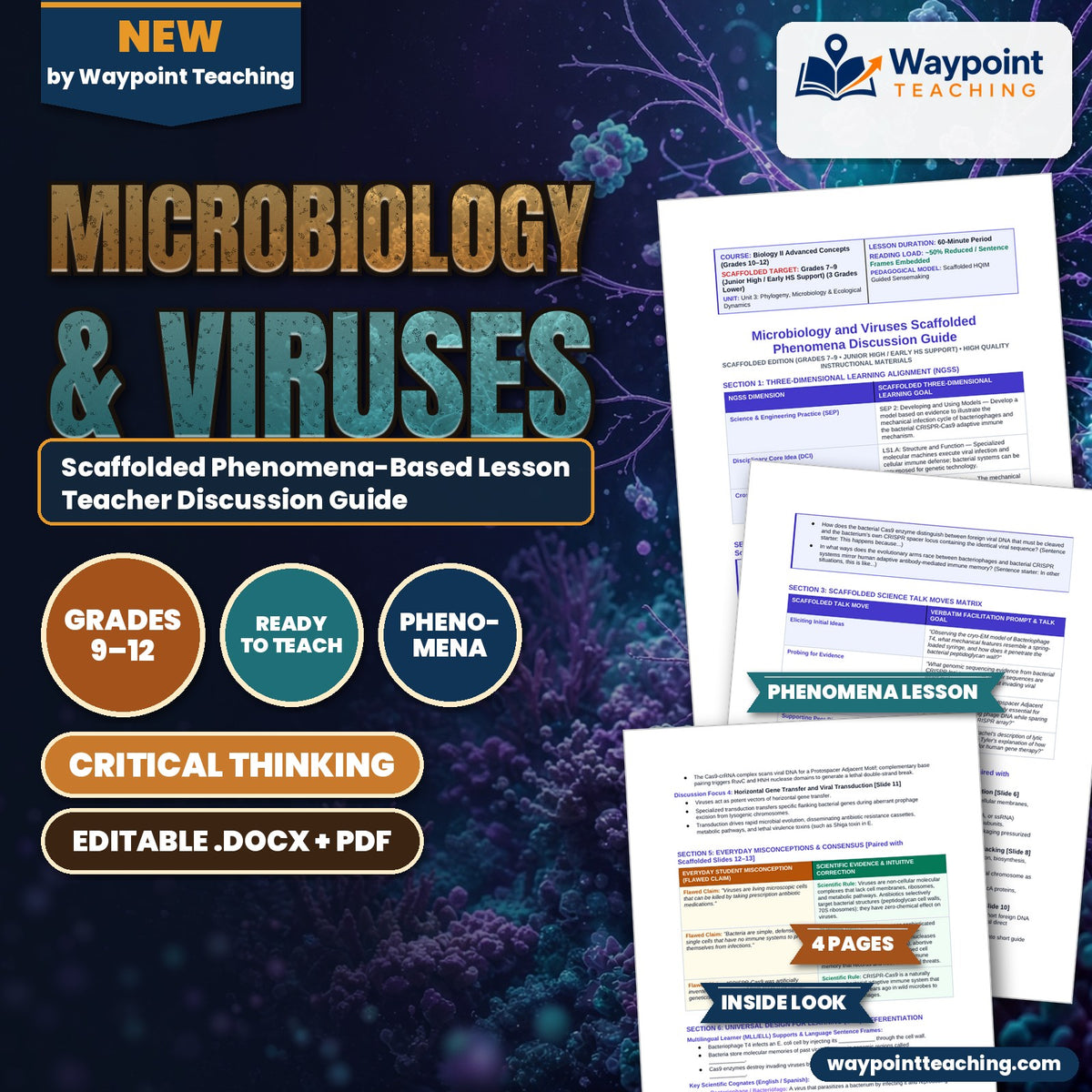 Microbiology & Viruses Scaffolded Phenomena-Based Lesson: The Microscopic Moon Lander and the Bacterial Memory: Phage T4 vs. CRISPR Teacher Discussion Guide cover