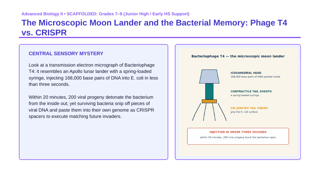 Microbiology & Viruses Scaffolded Phenomena-Based Lesson: The Microscopic Moon Lander and the Bacterial Memory: Phage T4 vs. CRISPR Presentation sample page