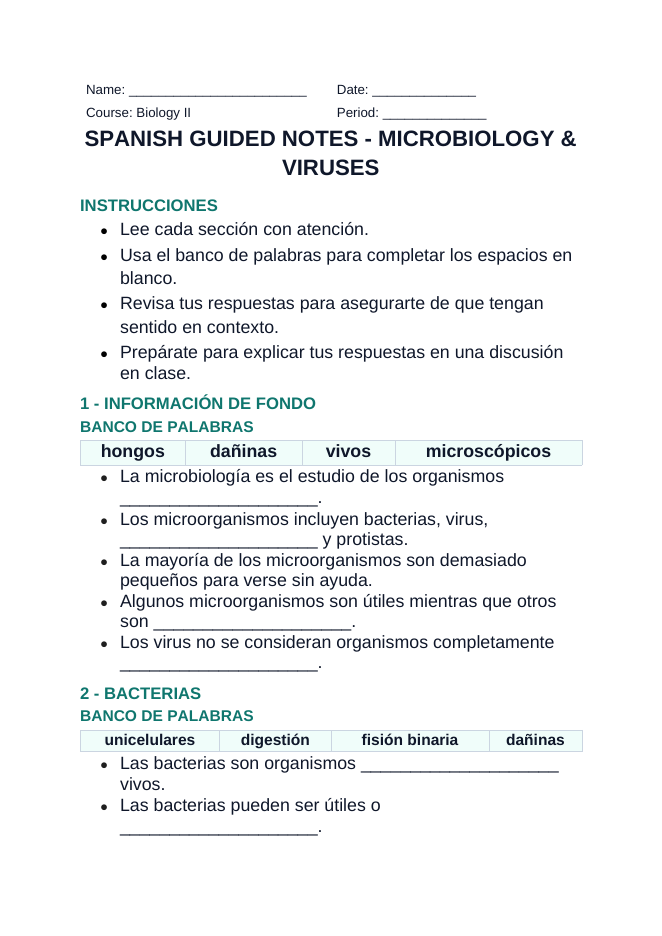 Microbiology & Viruses Spanish Guided Notes sample page