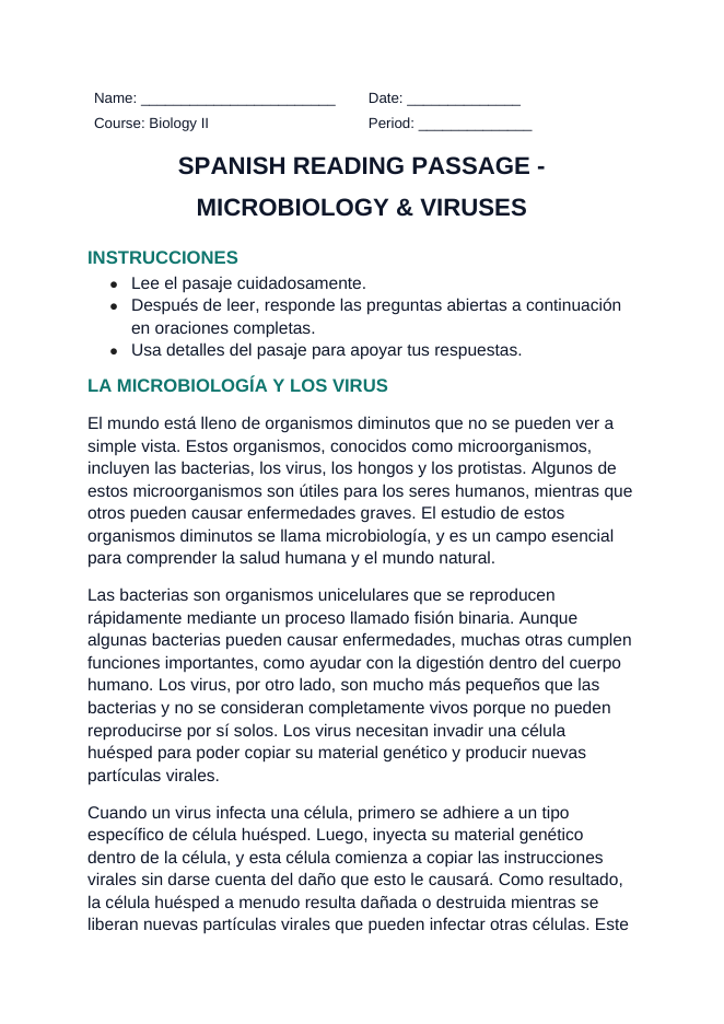 Microbiology & Viruses Spanish Reading Passage & Comprehension Questions sample page
