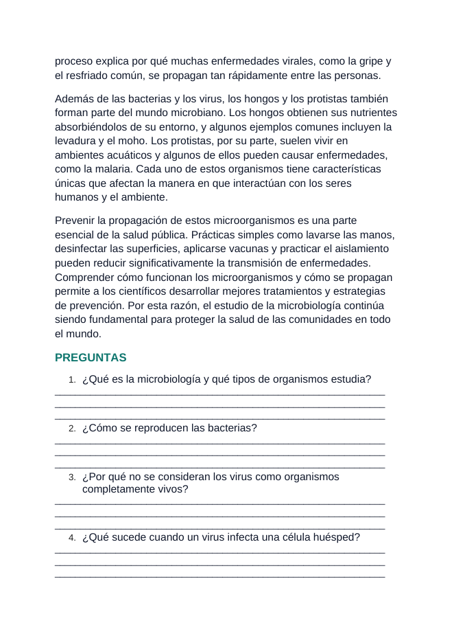 Microbiology & Viruses Spanish Reading Passage & Comprehension Questions sample page