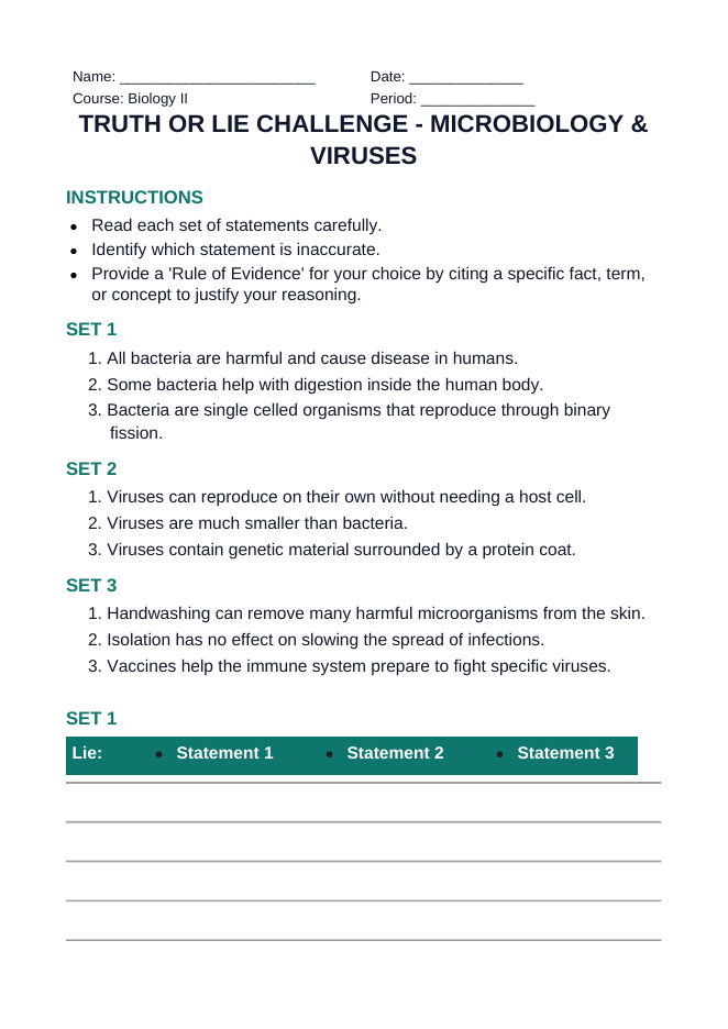 Microbiology & Viruses Truth or Lie Challenge sample page