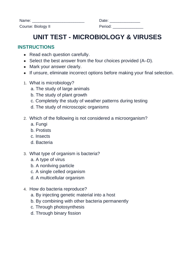 Microbiology & Viruses Unit Test sample page
