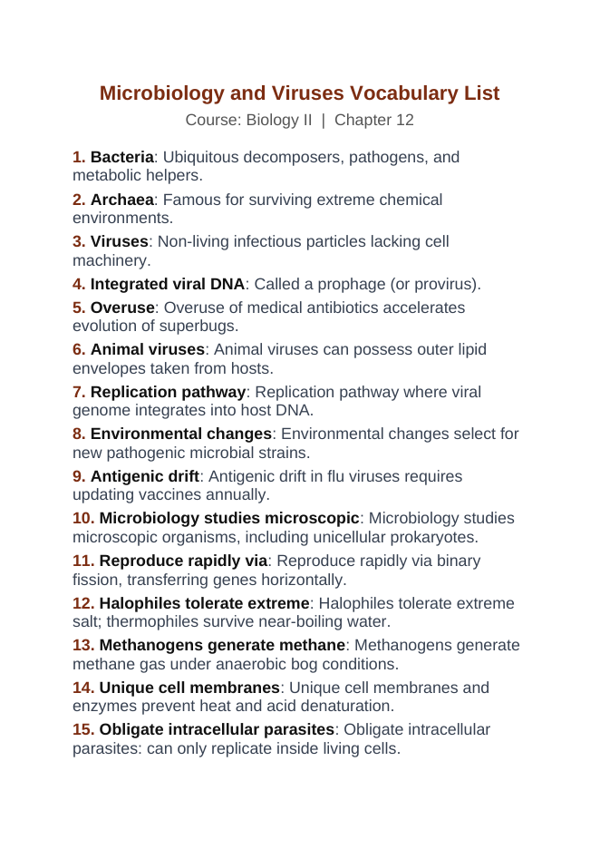 Microbiology & Viruses Vocabulary Words & Definitions sample page