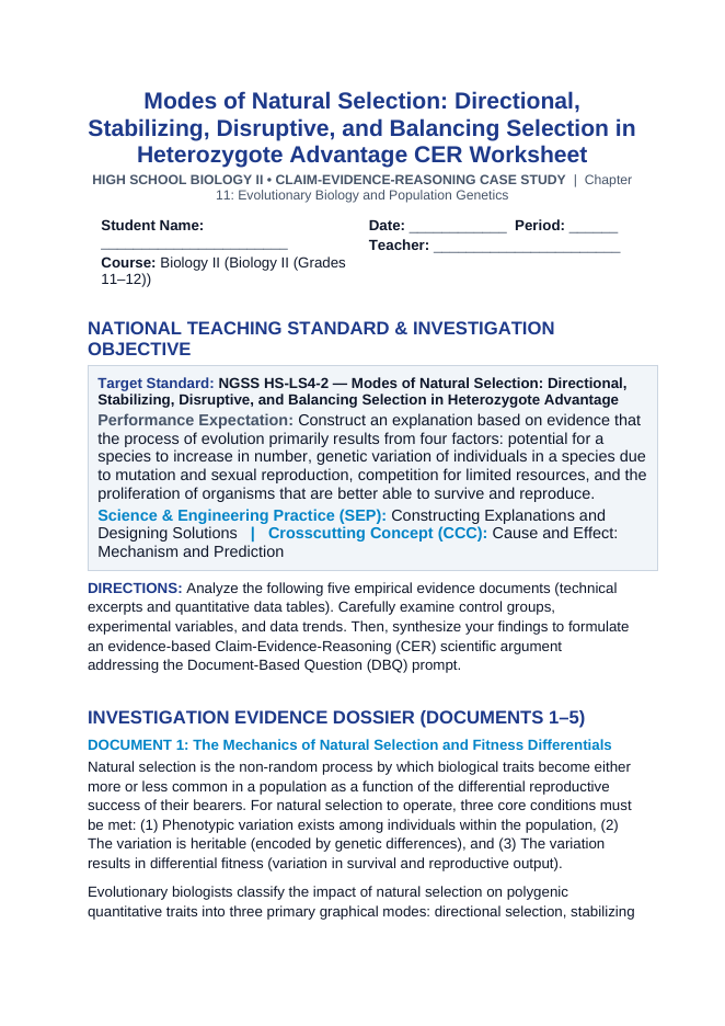 Modes of Natural Selection: Directional, Stabilizing, Disruptive, and Balancing Selection in Heterozygote Advantage CER Phenomena Worksheet sample page