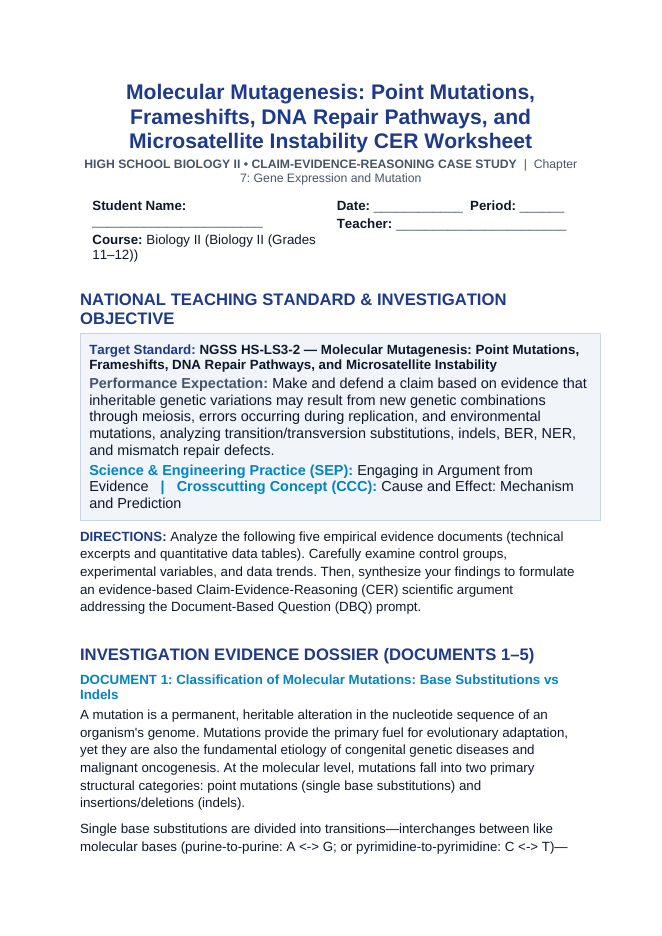 Molecular Mutagenesis: Point Mutations, Frameshifts, DNA Repair Pathways, and Microsatellite Instability CER Phenomena Worksheet sample page
