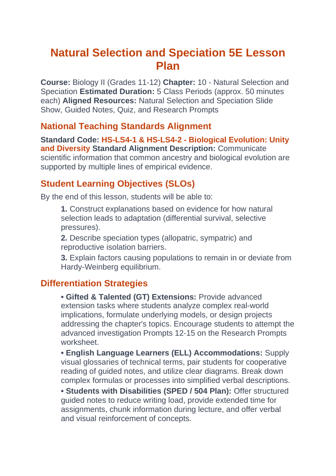 Natural Selection & Speciation 5E Lesson Plan sample page