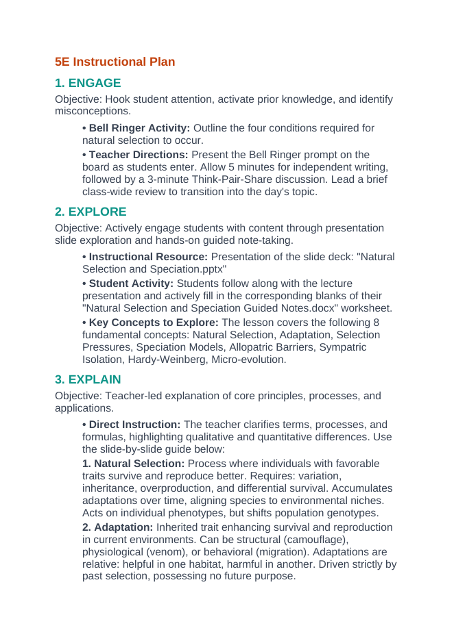 Natural Selection & Speciation 5E Lesson Plan sample page