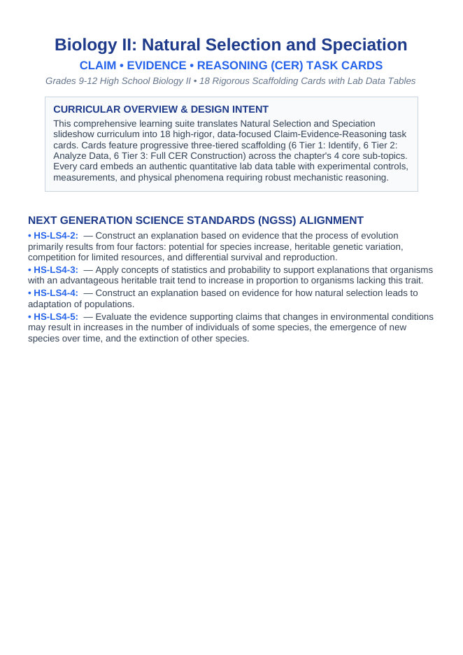 Natural Selection & Speciation CER Task Cards sample page