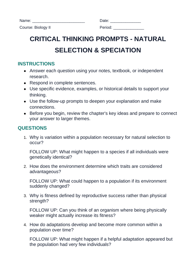 Natural Selection & Speciation Critical Thinking Prompts sample page