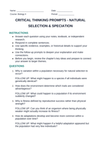 Natural Selection & Speciation Critical Thinking Prompts sample page