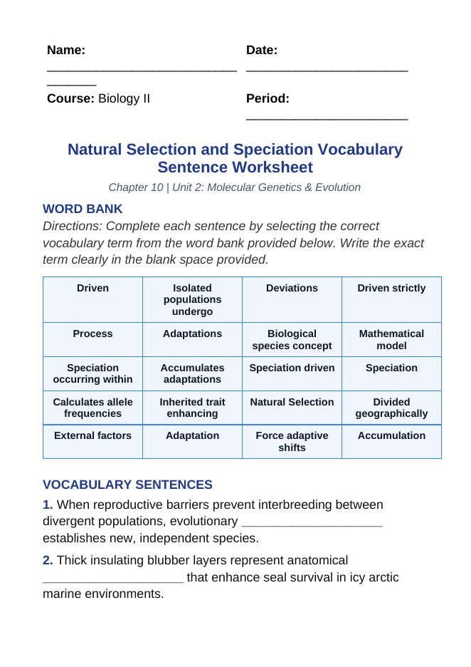 Natural Selection & Speciation Fill-in-the-Blank Vocabulary Worksheet sample page