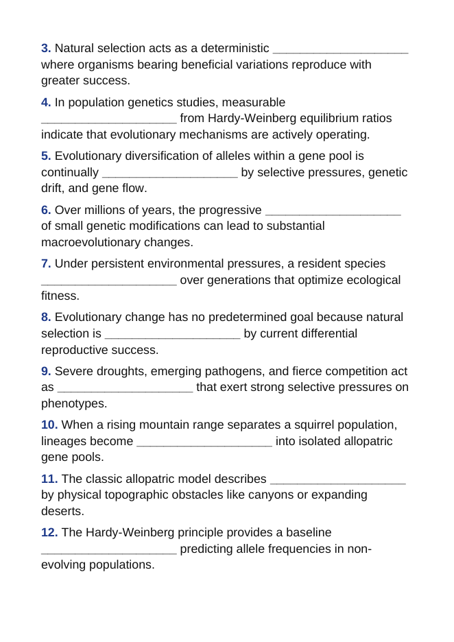 Natural Selection & Speciation Fill-in-the-Blank Vocabulary Worksheet sample page