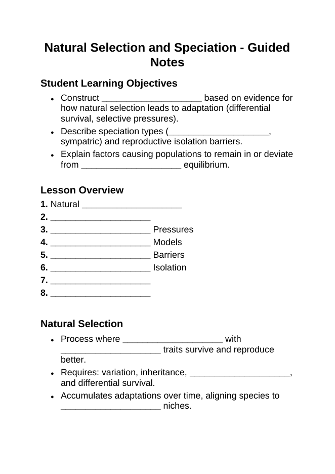 Natural Selection & Speciation Guided Notes sample page