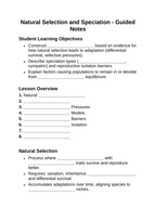 Natural Selection & Speciation Guided Notes sample page