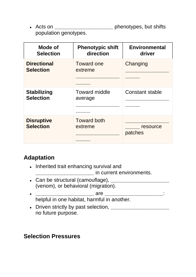 Natural Selection & Speciation Guided Notes sample page