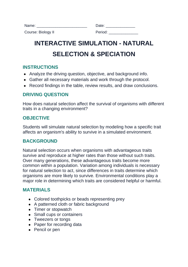 Natural Selection & Speciation Interactive Simulation sample page
