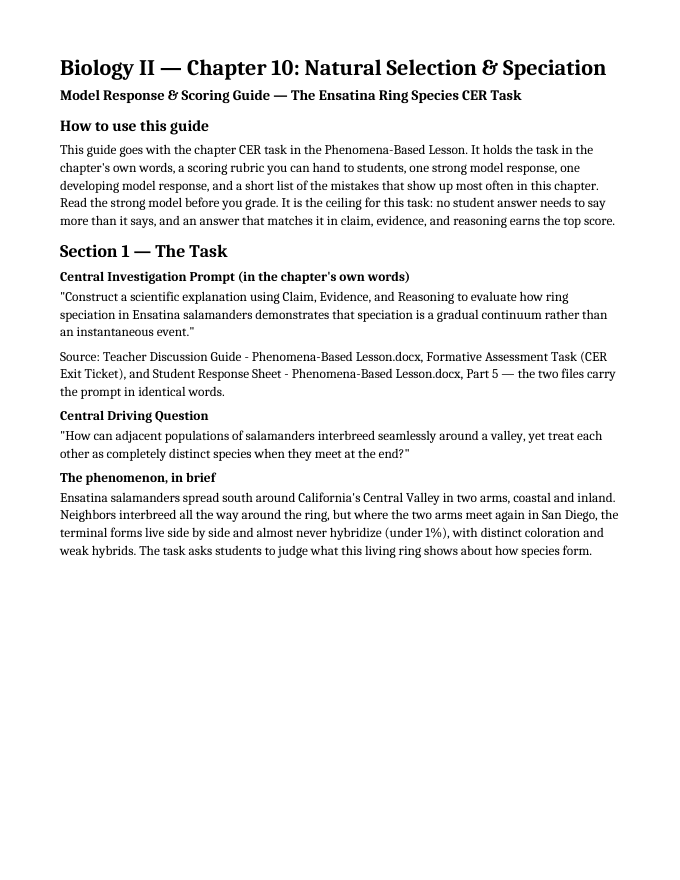 Natural Selection & Speciation Model Response & Scoring Guide sample page