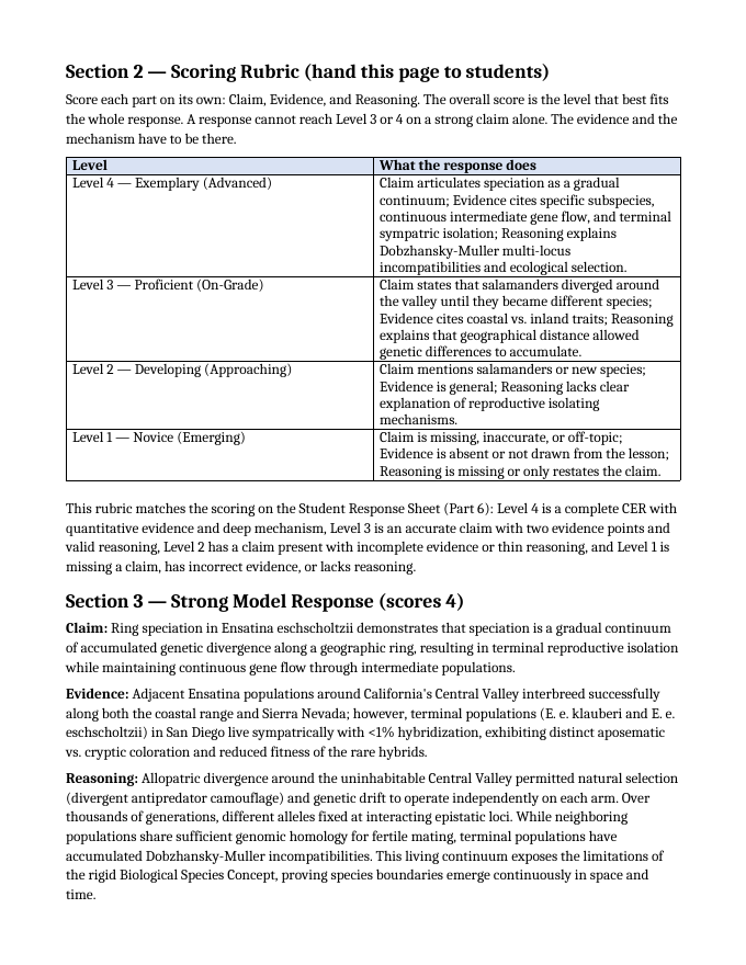 Natural Selection & Speciation Model Response & Scoring Guide sample page