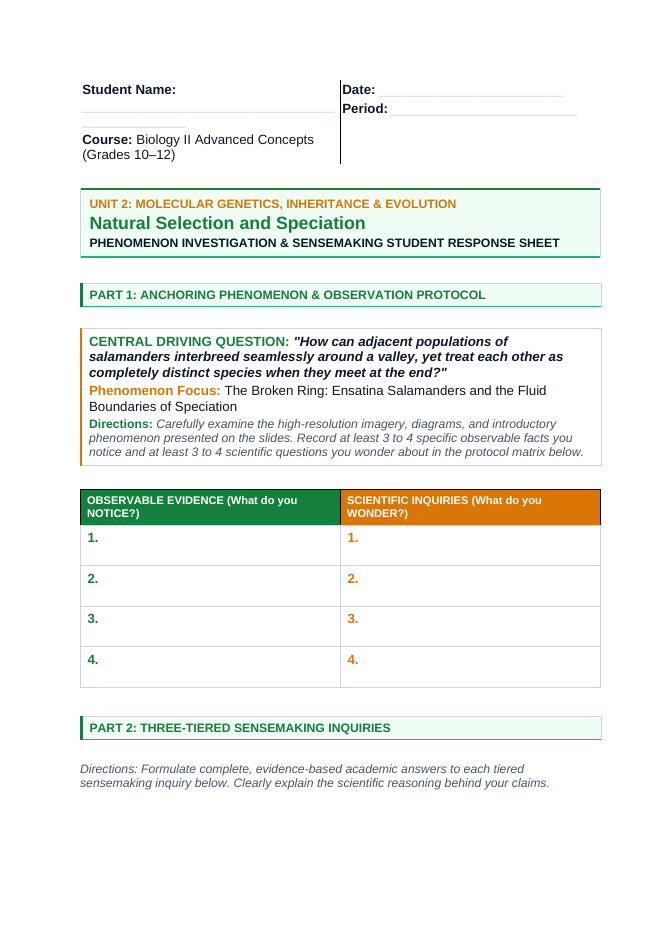 Natural Selection & Speciation Phenomena-Based Lesson: The Broken Ring: Ensatina Salamanders and the Fluid Boundaries of Speciation Student Response Sheet sample page