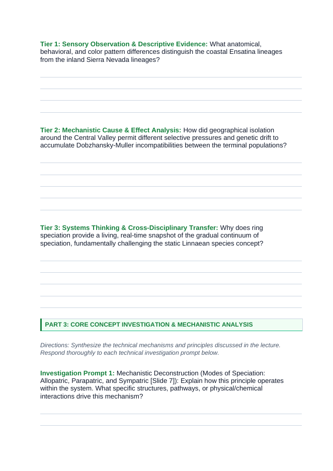 Natural Selection & Speciation Phenomena-Based Lesson: The Broken Ring: Ensatina Salamanders and the Fluid Boundaries of Speciation Student Response Sheet sample page