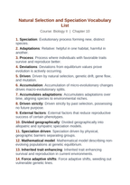Natural Selection & Speciation Vocabulary Words & Definitions sample page